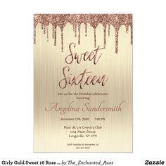 a gold and pink sweet sixteen birthday party card