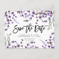 save the date card with lavender flowers