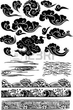 clouds and waves in the sky with black ink on white paper, set of four different designs