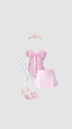 a pink corset, skirt and high heeled shoes