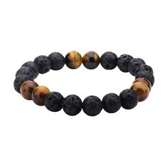 Black Lava and Brown Tiger Eye Beads Bracelet - Mimmic Fashion Jewelry Mens Stretch Bracelets, Eye Bead Bracelet, Brown Tiger, Brown Tiger Eye, Brown Leather Bracelet, Steel Art, Tiger Eye Beads, Eye Beads, Silver Jewelry Fashion