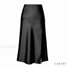 Lasaky - High-Waisted Lustrous Satin Midi Skirt with Silky Solid Color, Side Slit Detail, and Flowy Hem Socialite Style, Long Skirt Fashion, Split Skirt, Satin Midi Skirt, Split Dress, Black Side, Satin Skirt, Summer Fabrics, Women Skirts Midi