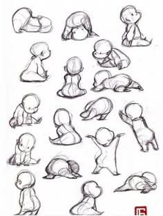 a bunch of cartoon character poses drawn in pencil