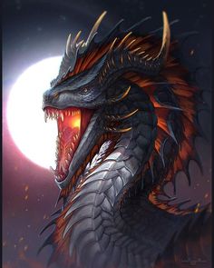 a dragon with its mouth open and it's teeth wide open in front of the moon