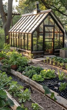 a garden with lots of plants growing inside of it and a small house in the background