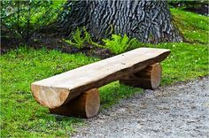 a wooden bench sitting in the grass next to a tree and dirt path with green plants