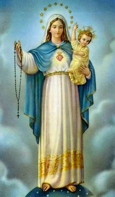 the immaculate mary holding a baby jesus on top of a cloud filled sky with stars