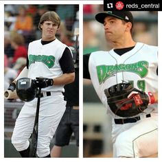 two pictures of baseball players one is wearing a catchers mitt