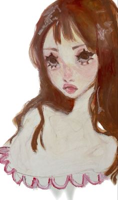 a drawing of a girl with long hair and brown eyes, wearing a white dress