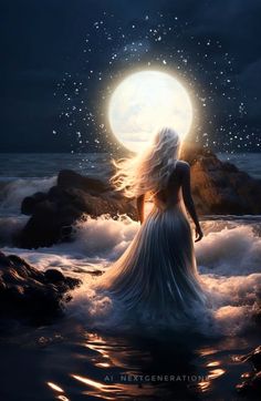 a woman standing in the water with her back to the camera, looking at the moon