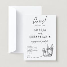 a white card with black ink on it that says cheers join us for ameli and sebastian's engagement party