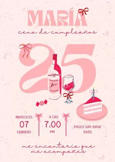 a poster for a birthday party with wine and cake