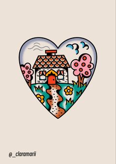 a drawing of a house in the shape of a heart with trees and flowers around it