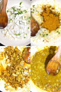 four pictures showing different types of food being prepared in bowls and spoons on the table