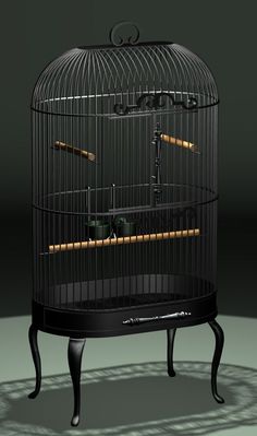 a black bird cage sitting on top of a wooden stand with baseball bats in it