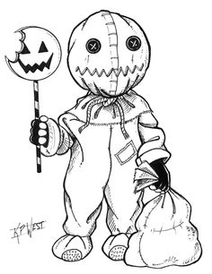 a black and white drawing of a scarecrow holding a jack - o - lantern