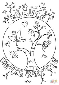 a coloring page with an apple tree in the center and words that spell out love