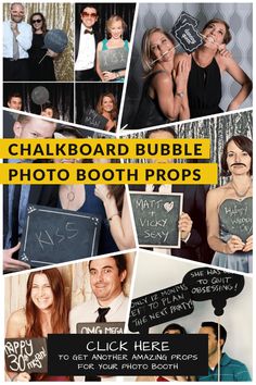 a collage of photos with the words chalkboard bubble photo booth props