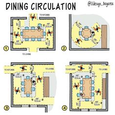 the floor plan for a living room and dining area is shown in three different ways