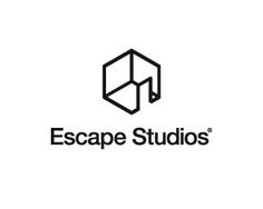 the escape studios logo is shown in black and white, with an abstract hexagonal shape