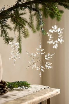 a snowflake ornament hanging from a tree branch