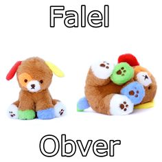 two stuffed animals sitting next to each other with the words fabel and obever written below them