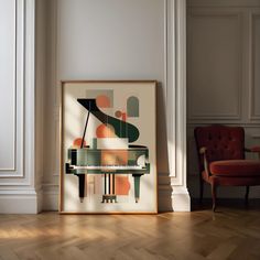 a piano is sitting on the floor in front of a wall with a chair next to it