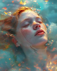 a woman is floating in the water with her eyes closed and she has freckled hair