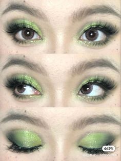 Pretty Green Eye Makeup, Jade Eye Makeup, Pretty Green Makeup, Prom Fairy Makeup, Soft Fairycore Makeup, Green Star Makeup, Green Makeup Korean, Frog Inspired Makeup, Cute Green Makeup Looks