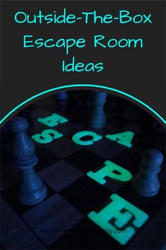 the outside - the - box escape room idea is shown in black and white with green letters