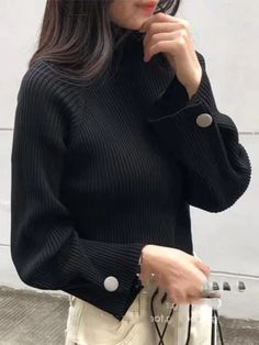 Simple Loose Solid Color High-Neck Sweater Winter Typ, High Neck Designs, Estilo Chic, High Neck Sweater, Black Sweater, Green Sweater, Style Chic, Winter Sweaters, White Sweaters