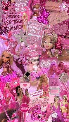 a collage of barbie dolls and other items with pink glitters on the background