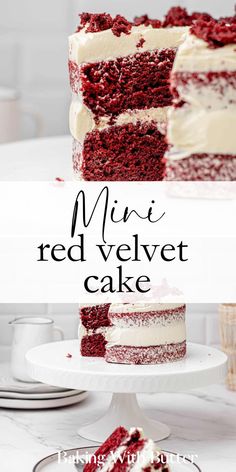 a red velvet cake with white frosting on top and the words, mini red velvet cake