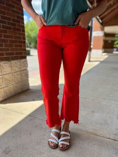 Details Risen Fiesta Red Jeans Mid Rise Cropped Flare Raw Hem Available in sizes 1, 3, 5, 7, 9, 11, 13 and 15 98% Cotton 2% Spandex is wearing a size Raw Hem Flare Jeans, Jeans Mid Rise, Red Jeans, Miss Dress, Cute Boutiques, Judy Blue Jeans, Curvy Dress, Cropped Flares, Style Gift