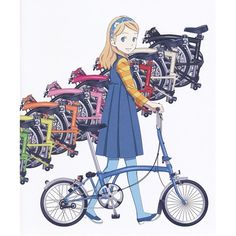 a drawing of a woman holding a bike with lots of bicycles behind her on a white background