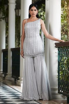 Grey one shoulder kurta with sequin bead embellished chevron patterns and attached shoulder drape. Comes with matching sharara. - Aza Fashions One Shoulder Suits Indian, Off Shoulder Suits Indian, One Shoulder Indian Outfits, Grey Sharara Suit, Short Shirt With Sharara, One Shoulder Kurta, Sharara For Women, Top And Plazo, Kurta With Sharara