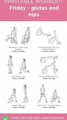 the printable workout guide for friday - glutes and hipss is shown