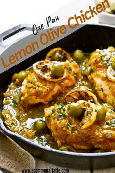 a skillet filled with lemon olive chicken