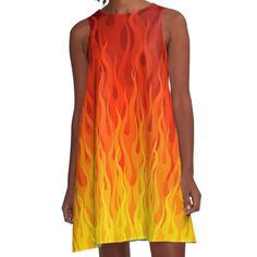 Loose-fit, mid-length sleeveless dress with silky handfeel. Printed on both sides. Machine washable. Size range XS-2XL. Cool fire flames pattern with a red, orange and yellow color palette. This vibrant design has a rock style and a confident vibe. This grunge design is inspired by cars and races and it looks awesome on anyone. Fire is a collection of particles or incandescent molecules of combustible matter, capable of emitting heat and visible light. The reddish-orange colour of the fire is du Diy Flame Costume, Fire And Ice Outfit, Fire Costume Women, Fire Inspired Dress, Fire Themed Outfits, Fire Inspired Outfits, Orange And Yellow Color Palette, Cruella Movie, Flame Dress