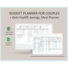 two laptops sitting next to each other with the text budget planner for couples and debt pay