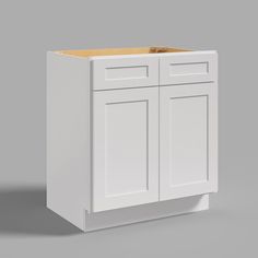 a white cabinet with an open door and two drawers on the bottom, in front of a gray background