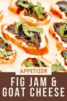 appetizer fig jam and goat cheese crostini with fresh basil on top