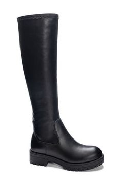 A chunky platform sole puts a utilitarian spin on a knee-high boot that's ready to take your look to the next level. 2" heel; 1" platform 16" shaft; 14" calf circumference Synthetic upper, lining and sole Imported Carrollton Georgia, Chunky Black Boots, Knee High Platform Boots, Platform Boots Women, Black Rain Boots, Black High Boots, Black Platform Boots, Black Knee High Boots, Black Boots Tall