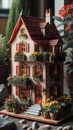 a doll house with many windows and flowers