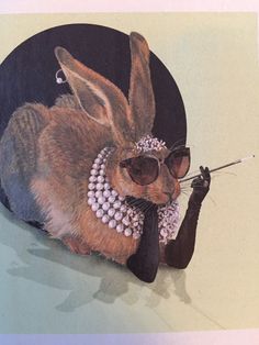 a painting of a rabbit wearing sunglasses and pearls on it's head, holding an umbrella