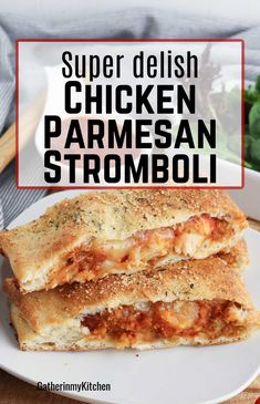 two pieces of chicken parmesan stromboli stacked on top of each other