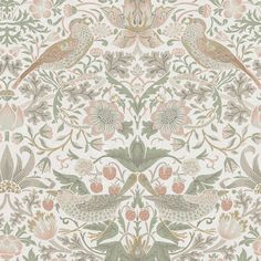 an intricately designed wallpaper with birds and flowers in pastel colors on white background