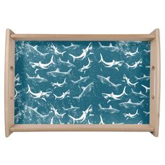 a tray with an image of sharks on it