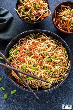 two bowls of noodles with chopsticks on the side and one bowl filled with vegetables