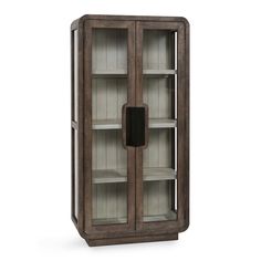 a wooden cabinet with glass doors on the front and bottom shelves, in grey wood